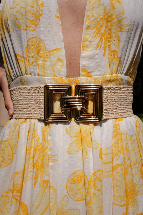 Courtney Large Metal Buckle Woven Belt Ivory