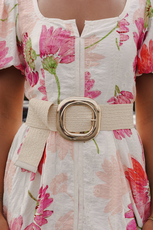 Georgiana Gold Circular Buckle Straw Waist Belt Cream