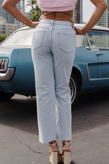 Millie Mid Rise Raw Hem Wide Leg Jeans Light Wash