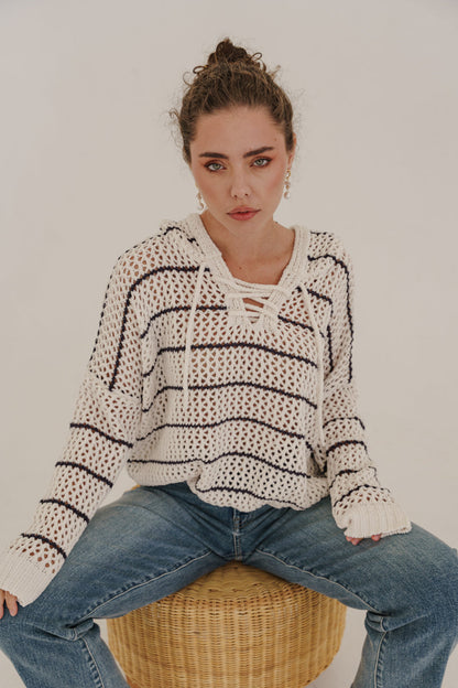 Bailey Long Sleeve Open Cable Knit Hoodie Sweater Ivory