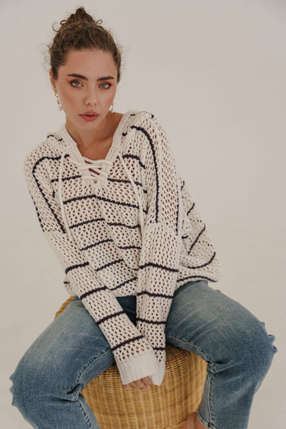 Bailey Long Sleeve Open Cable Knit Hoodie Sweater Ivory