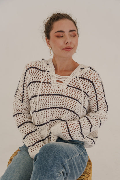 Bailey Long Sleeve Open Cable Knit Hoodie Sweater Ivory