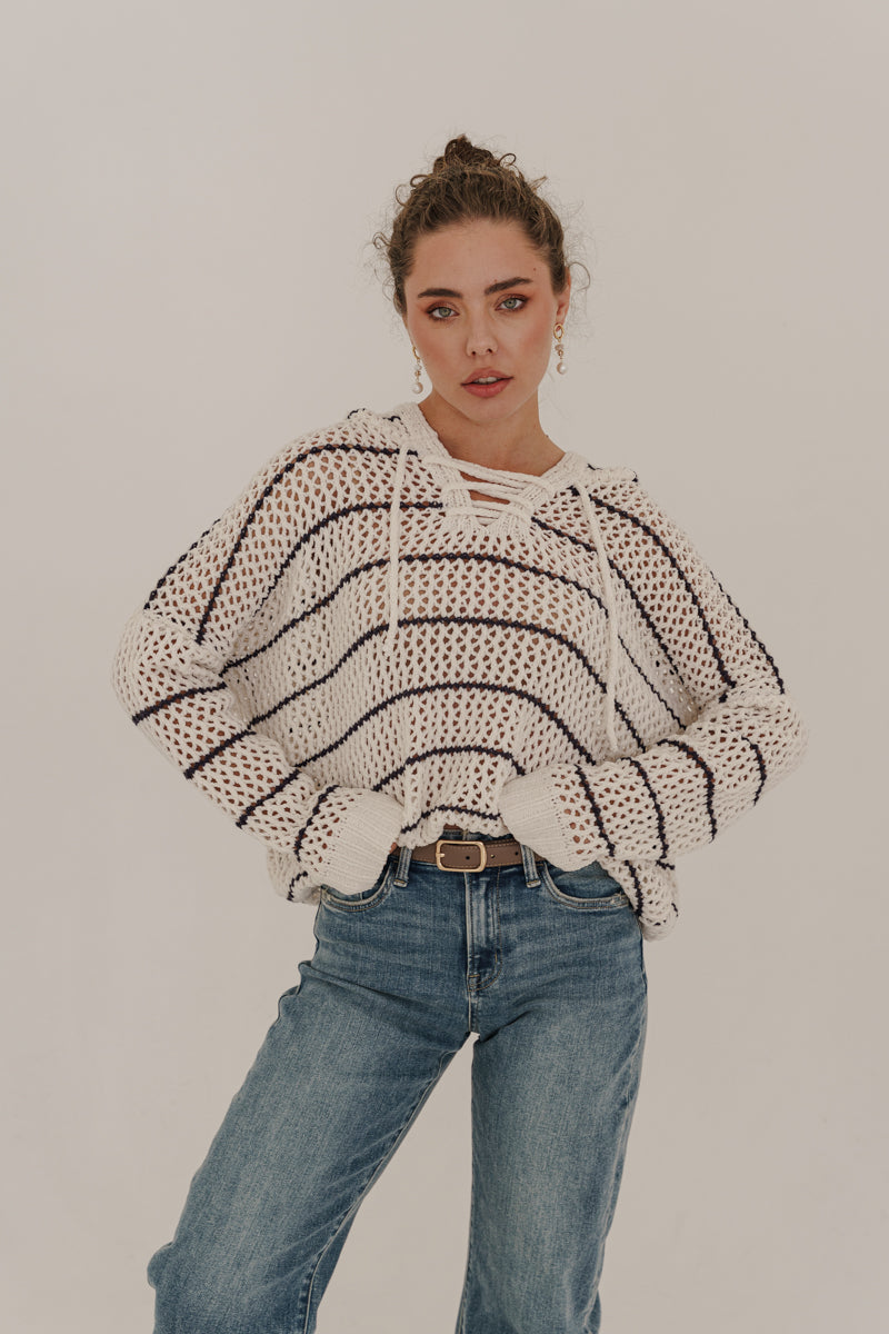 Bailey Long Sleeve Open Cable Knit Hoodie Sweater Ivory