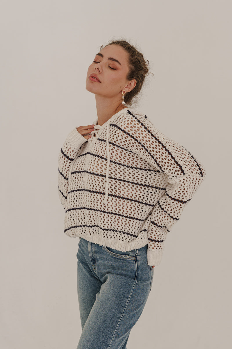 Bailey Long Sleeve Open Cable Knit Hoodie Sweater Ivory