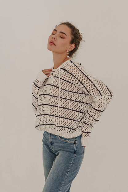 Bailey Long Sleeve Open Cable Knit Hoodie Sweater Ivory
