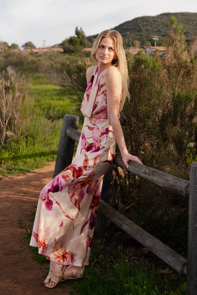 Waitlist 7/26 • Rowan Sleeveless Halter Floral Print Maxi Dress Pink