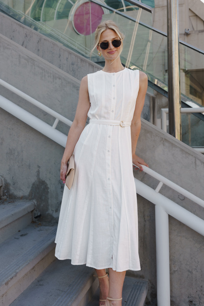 Samantha Sleeveless Button Down Belted Linen Midi Dress White
