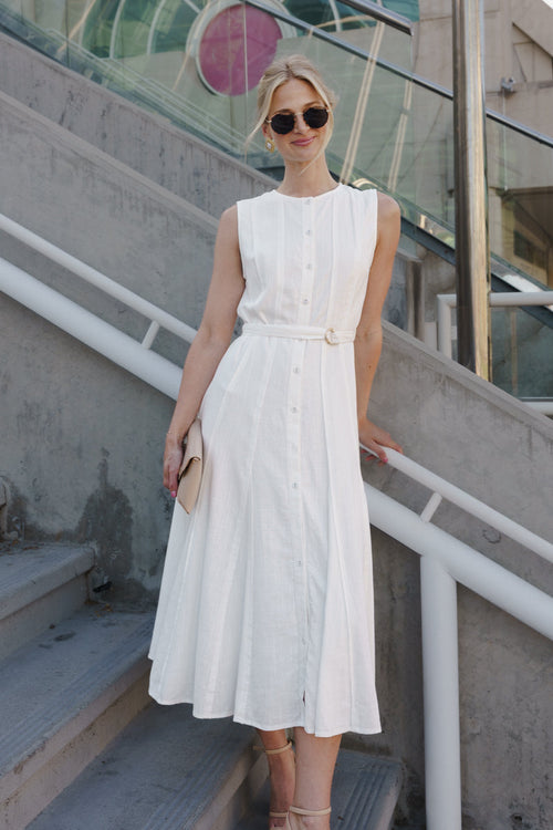 Samantha Sleeveless Button Down Belted Linen Midi Dress White