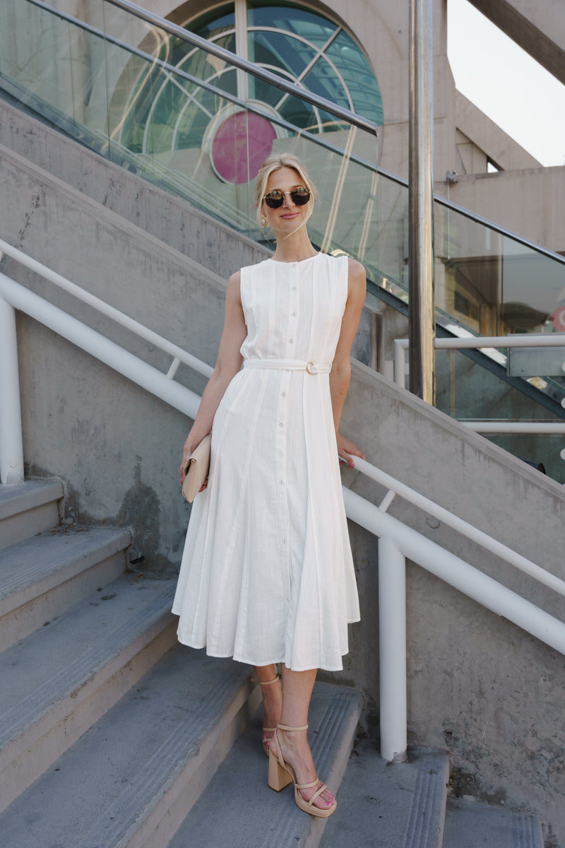 Samantha Sleeveless Button Down Belted Linen Midi Dress White