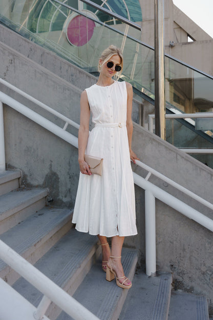 Samantha Sleeveless Button Down Belted Linen Midi Dress White