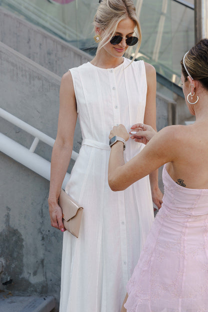 Samantha Sleeveless Button Down Belted Linen Midi Dress White
