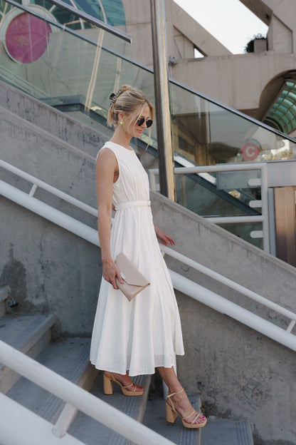 Samantha Sleeveless Button Down Belted Linen Midi Dress White