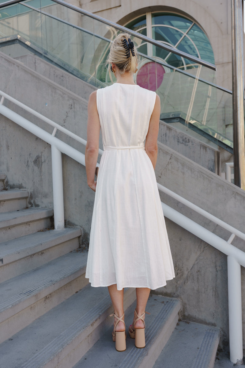 Samantha Sleeveless Button Down Belted Linen Midi Dress White