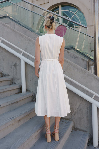 Samantha Sleeveless Button Down Belted Linen Midi Dress White
