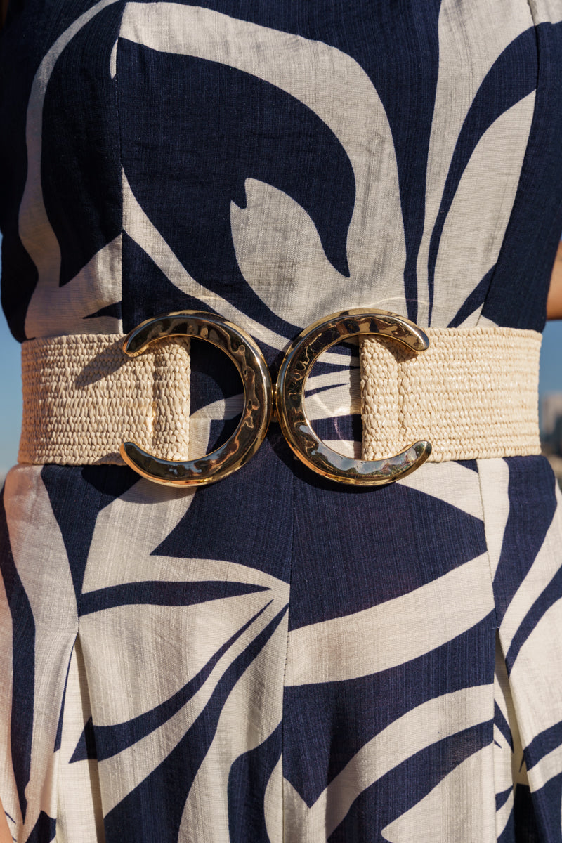 Iris Large Metal Ring Woven Belt Beige