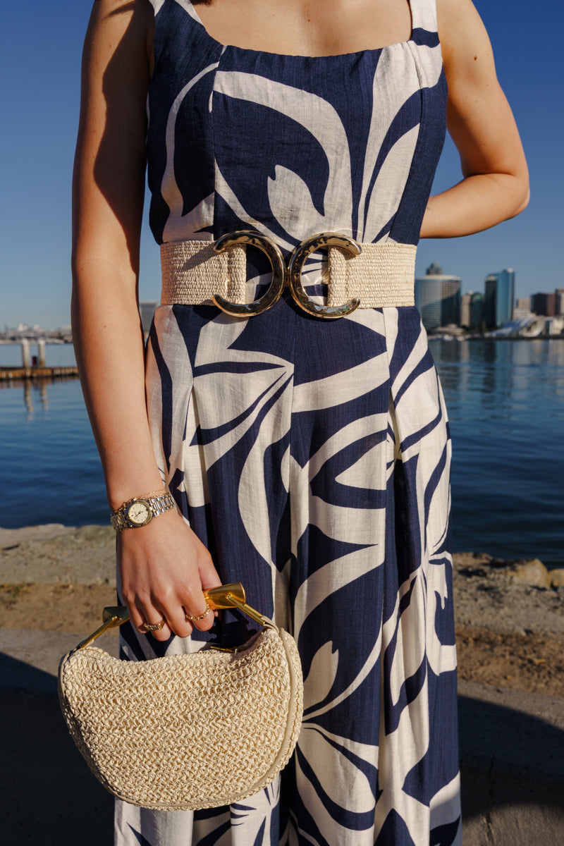 Iris Large Metal Ring Woven Belt Beige