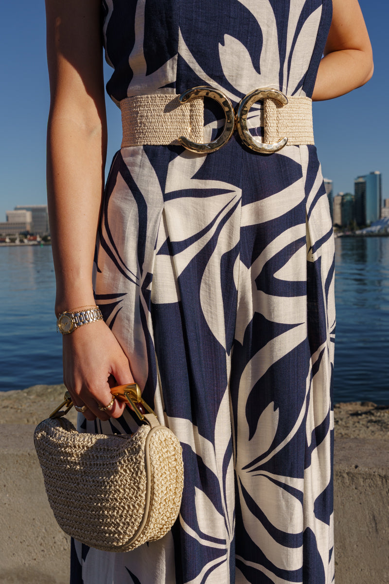 Iris Large Metal Ring Woven Belt Beige