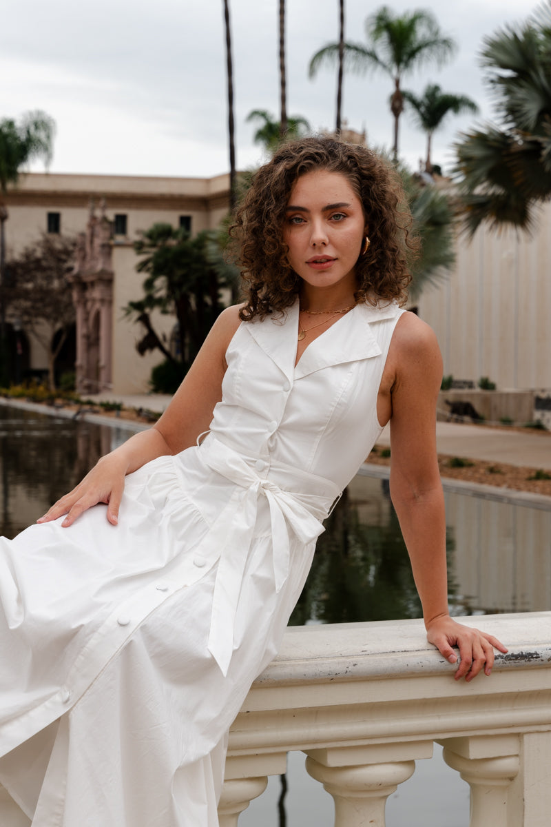 Dariana Sleeveless Waist Tie Button Front Midi Dress White