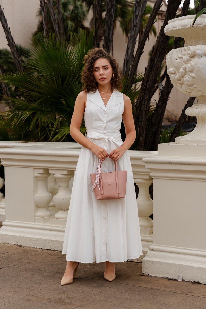 Dariana Sleeveless Waist Tie Button Front Midi Dress White