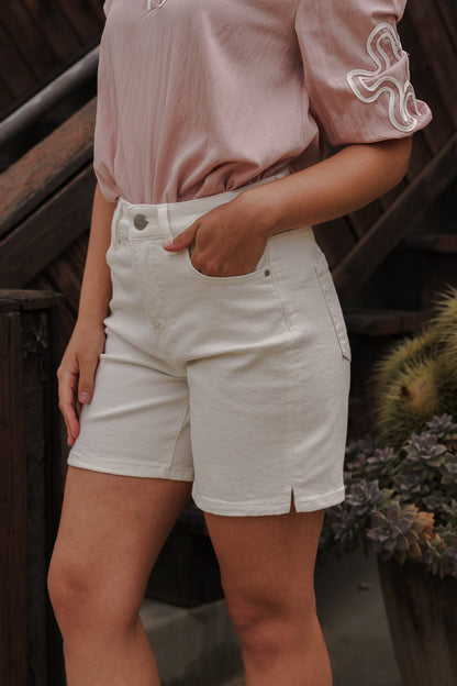 Velora High Rise Denim Shorts White
