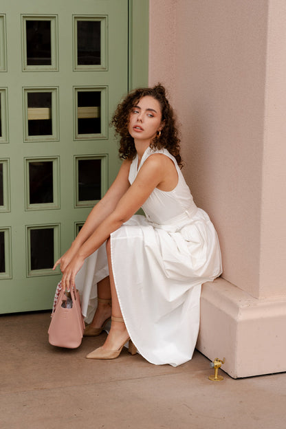 Dariana Sleeveless Waist Tie Button Front Midi Dress White