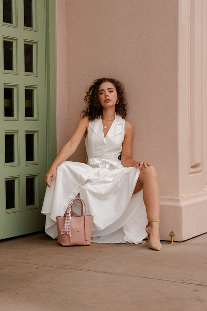 Dariana Sleeveless Waist Tie Button Front Midi Dress White