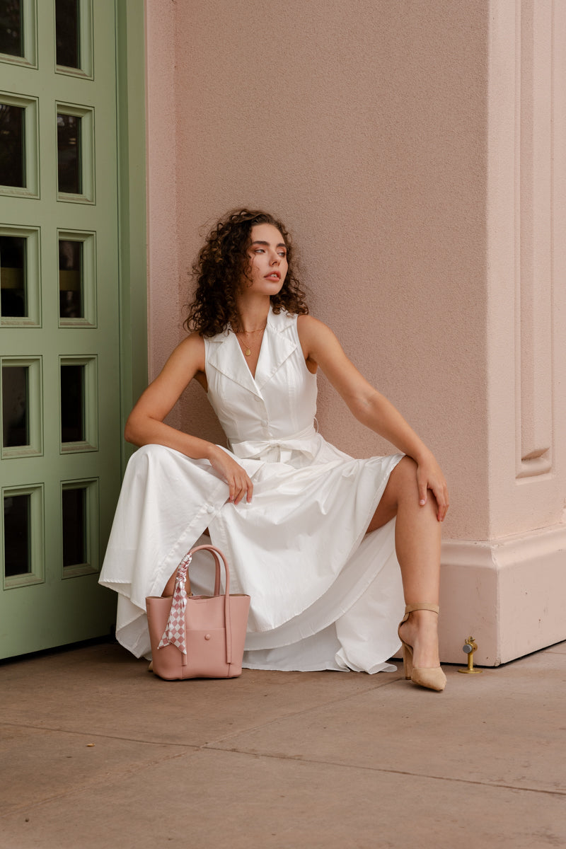 Dariana Sleeveless Waist Tie Button Front Midi Dress White