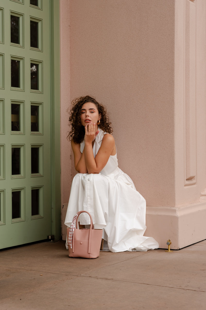 Dariana Sleeveless Waist Tie Button Front Midi Dress White