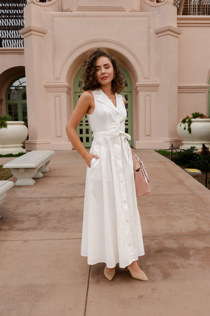 Dariana Sleeveless Waist Tie Button Front Midi Dress White