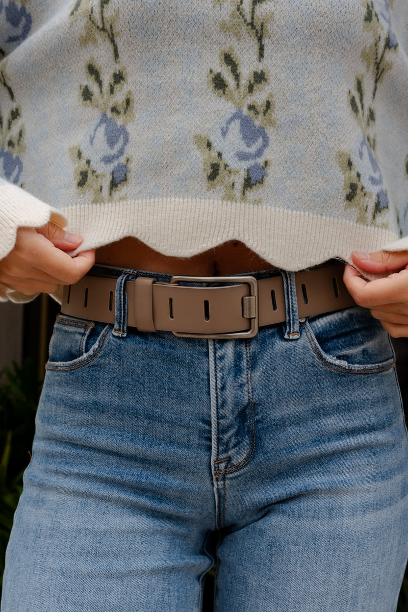 Jenny Rectangle Metal Buckle Vegan Leather Belt Taupe