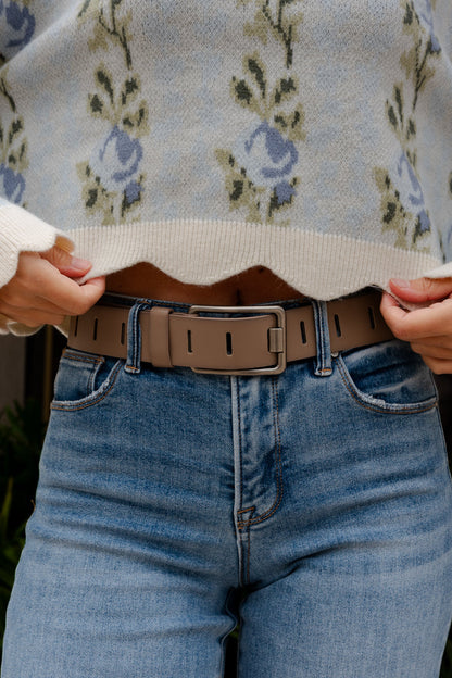 Jenny Rectangle Metal Buckle Vegan Leather Belt Taupe