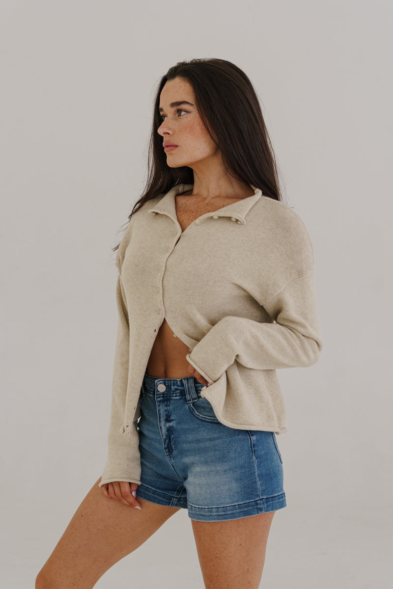 Michelle Long Sleeve Button Down Knit Cardigan Oatmeal
