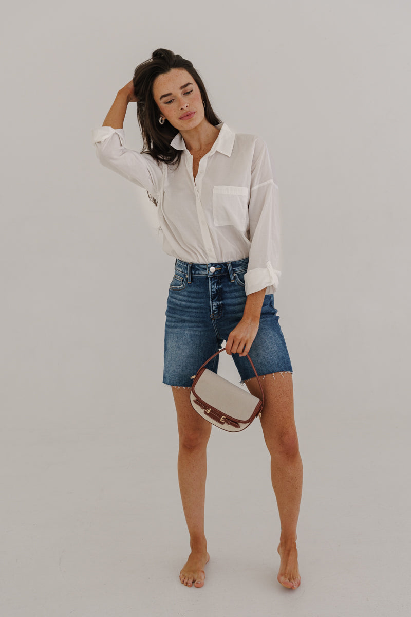 Kennedy High Rise Raw Hem Denim Shorts Medium Wash