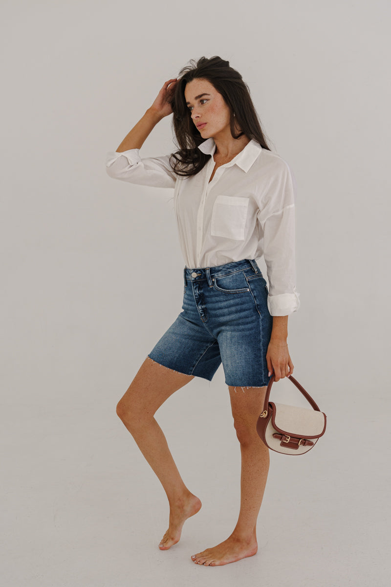 Kennedy High Rise Raw Hem Denim Shorts Medium Wash