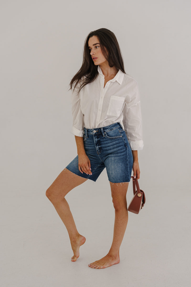 Kennedy High Rise Raw Hem Denim Shorts Medium Wash