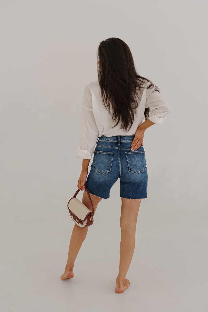 Kennedy High Rise Raw Hem Denim Shorts Medium Wash