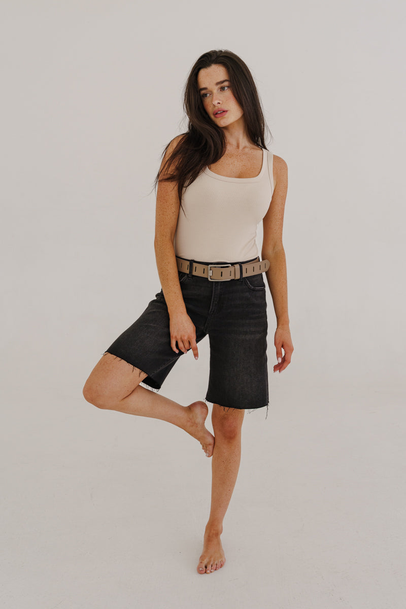 Jenny Rectangle Metal Buckle Vegan Leather Belt Taupe