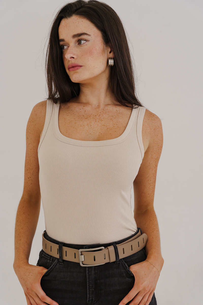 Jenny Rectangle Metal Buckle Vegan Leather Belt Taupe