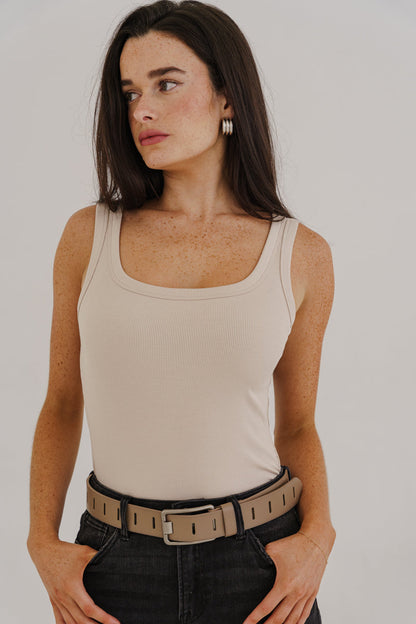 Jenny Rectangle Metal Buckle Vegan Leather Belt Taupe
