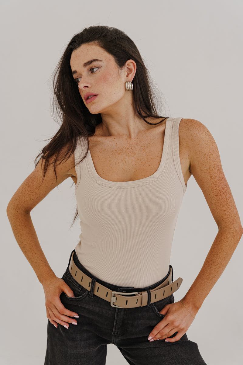 Jenny Rectangle Metal Buckle Vegan Leather Belt Taupe