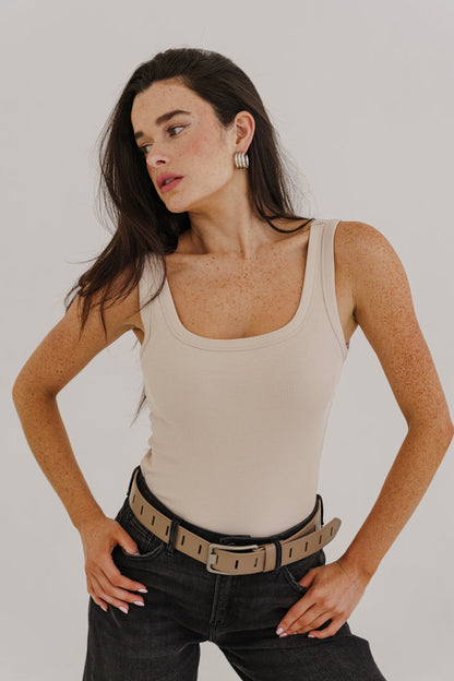Jenny Rectangle Metal Buckle Vegan Leather Belt Taupe