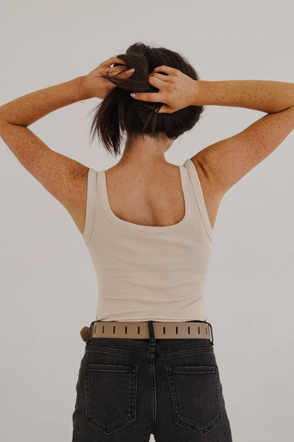 Jenny Rectangle Metal Buckle Vegan Leather Belt Taupe