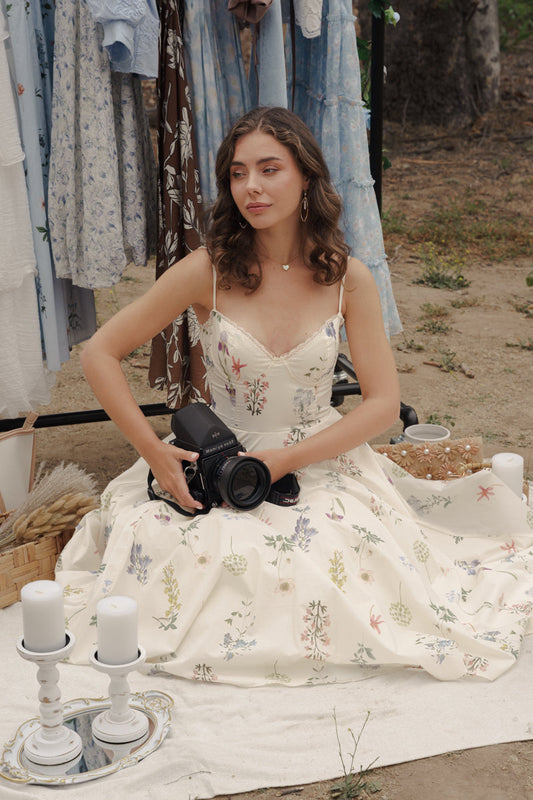 Kelly Sleeveless Floral Print Midi Dress Cream