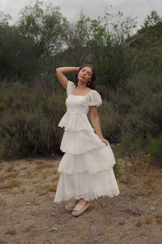 Eden Short Puff Sleeve Tiered Maxi Dress White