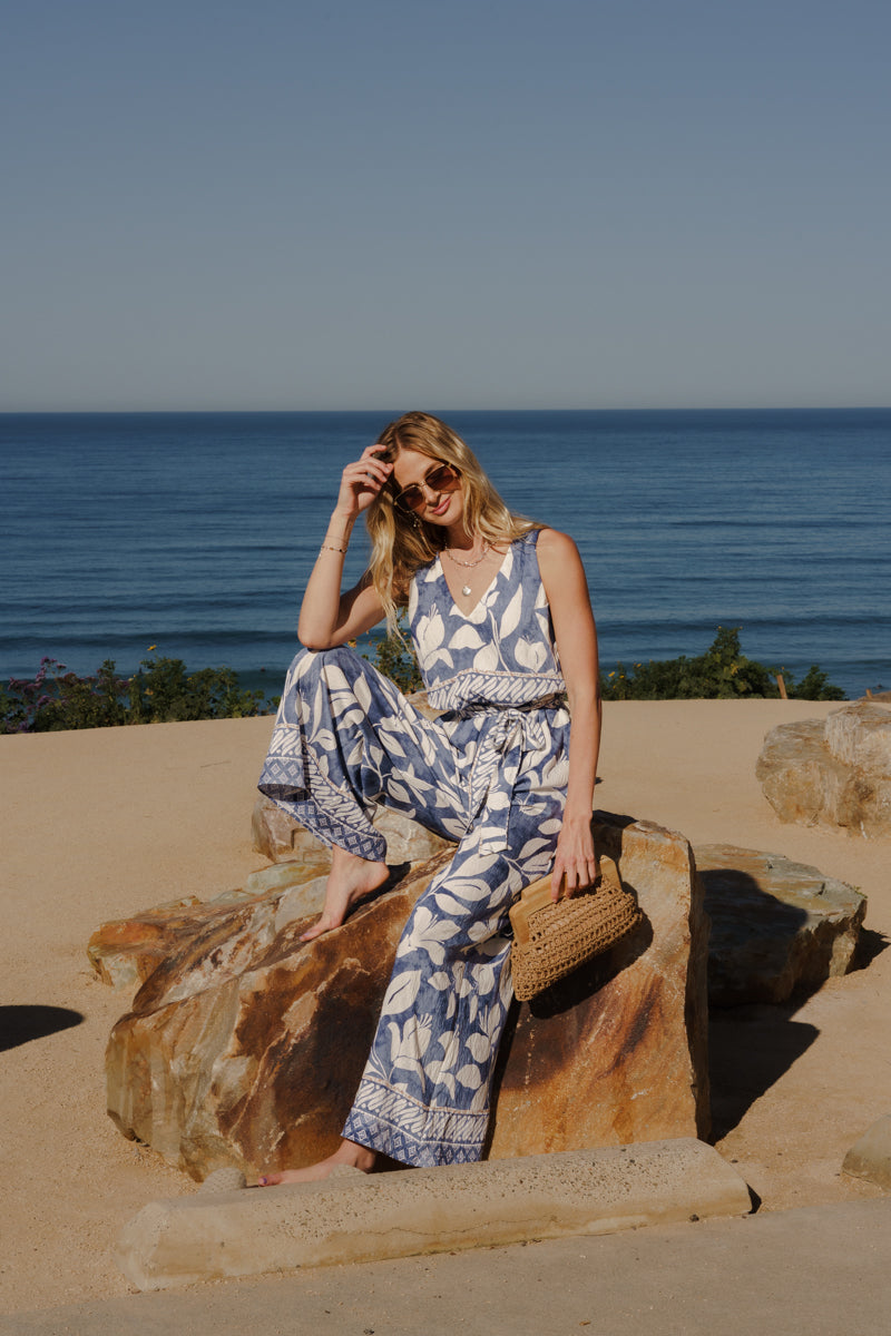 Arlene Sleeveless Waist Tie Tropical Print Wide Leg Jumpsuit Blue
