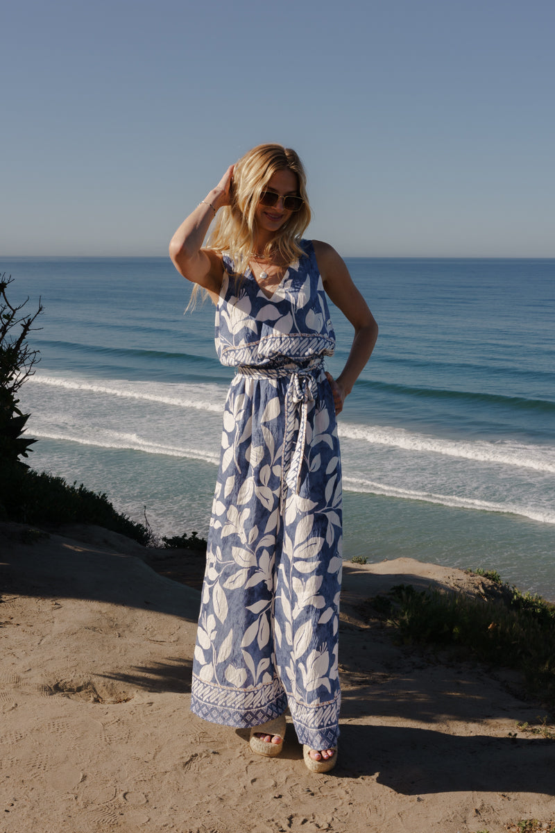 Arlene Sleeveless Waist Tie Tropical Print Wide Leg Jumpsuit Blue