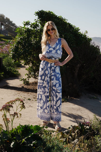 Arlene Sleeveless Waist Tie Tropical Print Wide Leg Jumpsuit Blue