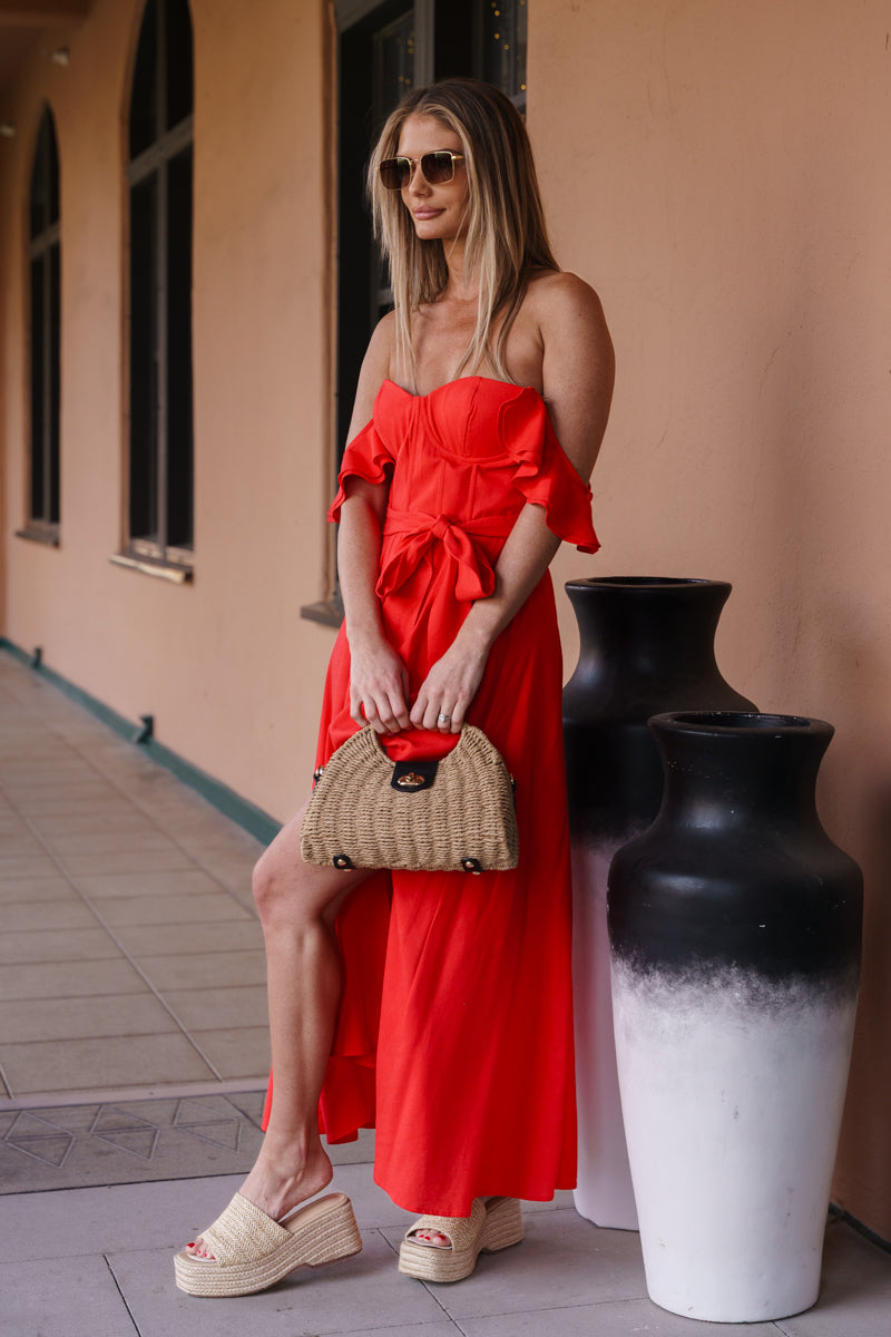 Lizette Flutter Sleeve Waist Tie Maxi Dress Red