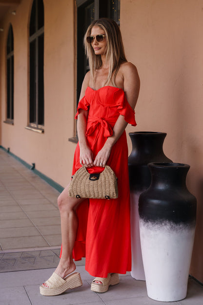 Lizette Flutter Sleeve Waist Tie Maxi Dress Red
