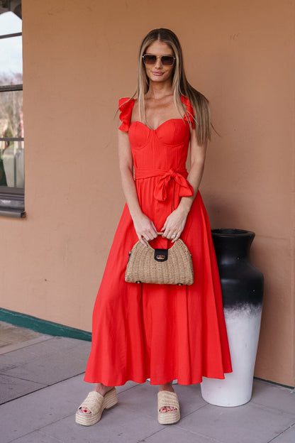 Lizette Flutter Sleeve Waist Tie Maxi Dress Red